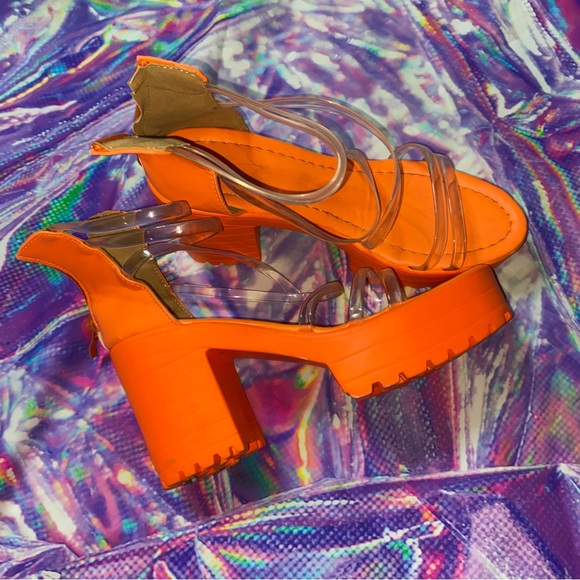 Funky Orange Ankle Strap Sandals For Women, Platform Chunky Heeled Sandals - Picture 2 of 3